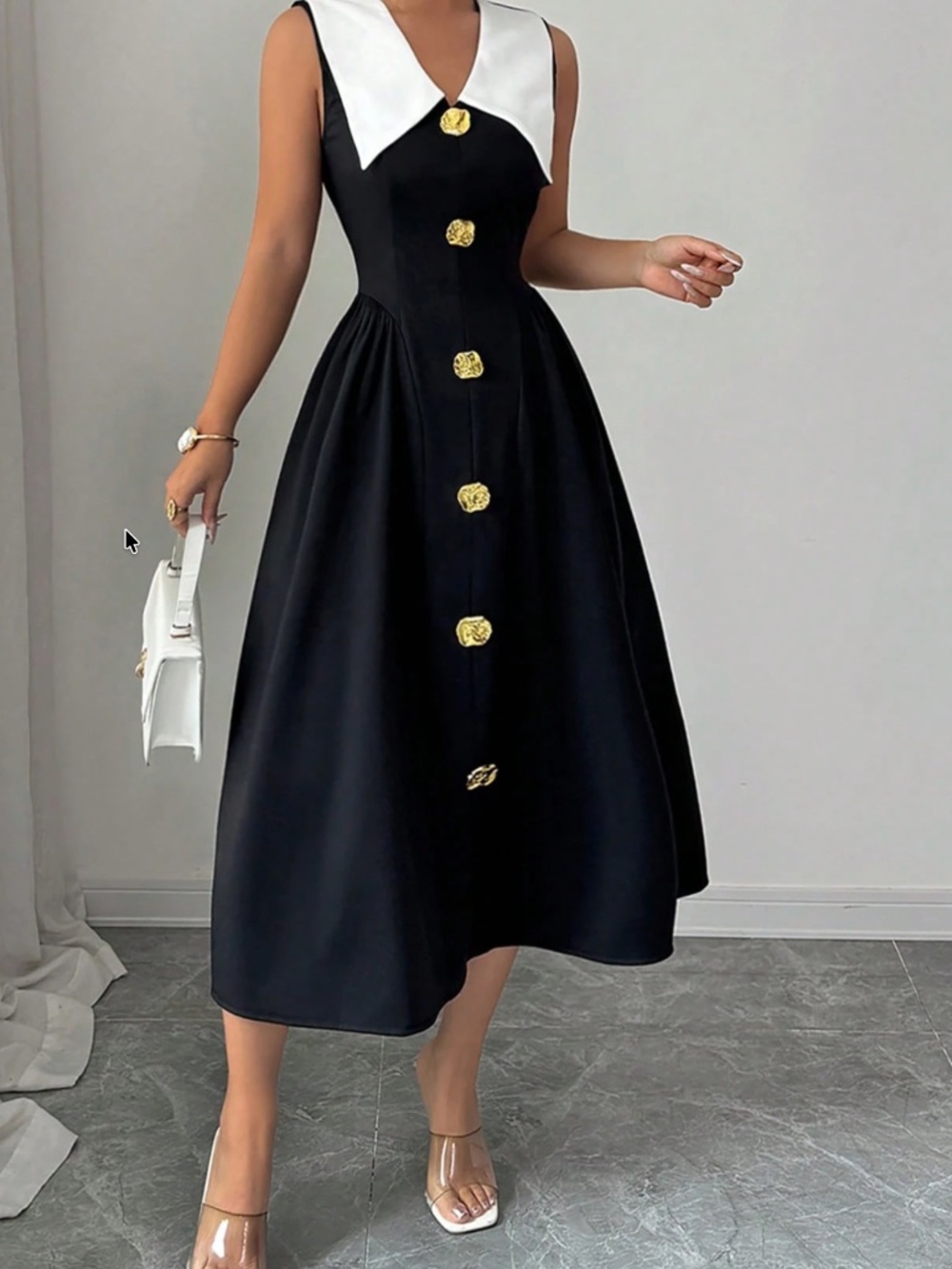 Luxe Solid Button Detail Wide Collar Flared High Waisted Dress - Picture 8 of 11